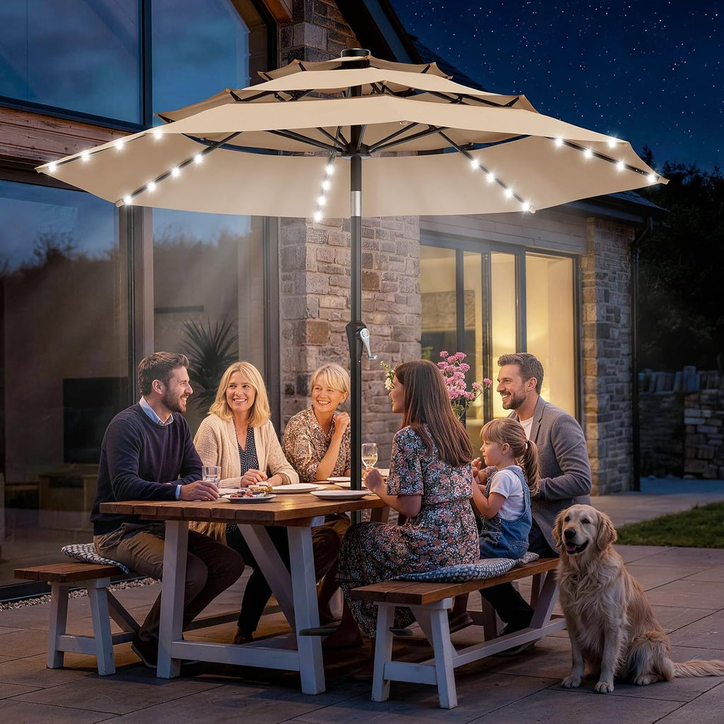 9ft 3 Tiers Patio Umbrella with Solar Lights, Outdoor Umbrella w/ 32 LED Lights&8 Sturdy Ribs
