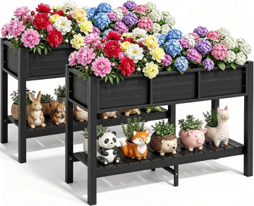 Raised Garden Bed HDPE 2PCS, 48x18x30in Raised Planter Box with Legs & Storage Shelf, Poly-Wood Weather-Resistant