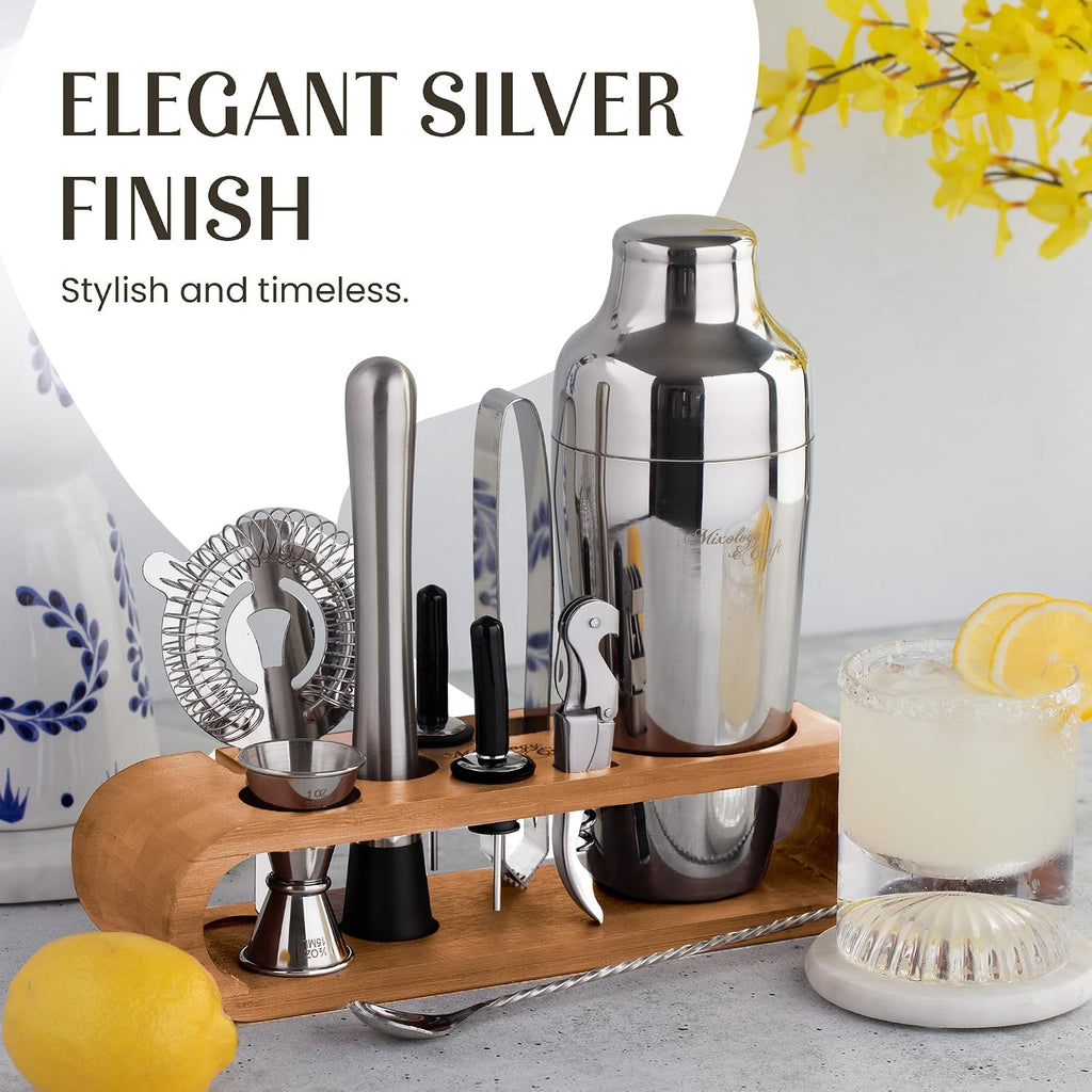 Mixology Cocktail Shaker Set - 10-Piece Cocktail Making Set - Home Bartender Kit in Bamboo Stand with Spoon, Boston