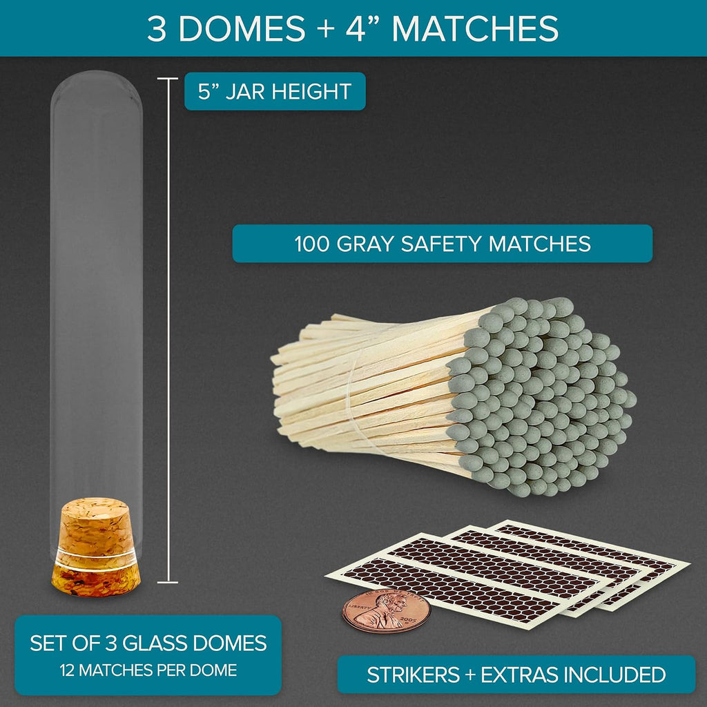 Decorative Matches in Mini Match Cloche Glass Jar Set | 4" Gray Long Matches (100 match sticks) + 3 Cork Top Dome - Set of 3