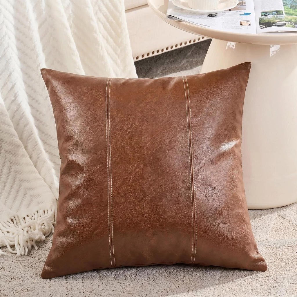 2 Packs Boho Brown Waterproof Faux Leather Decorative Throw Pillow Covers 18x18 Inch for Outdoor Couch Bed Sofa, Hand