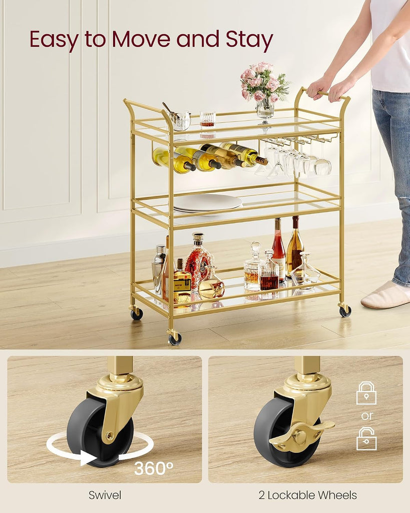 Bar Cart Gold, Large Home Bar Serving Cart with 3-Tier Mirrored Shelf, Wine Holders, Glass Holders, Kitchen, 15 x