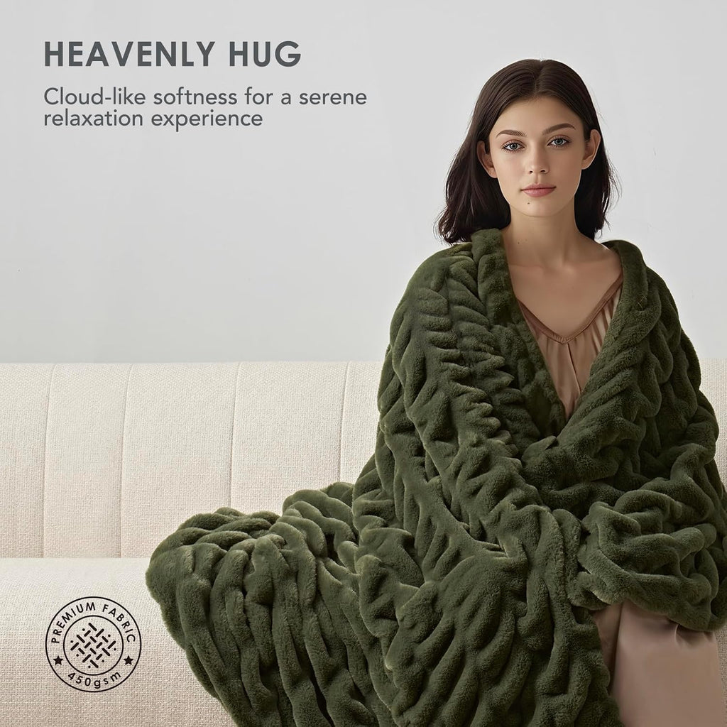 Ruched Bubble Faux Rabbit Fur Throw Blanket, 60"x80", Loden Green | Luxurious Soft Plush Reversible Blanket with