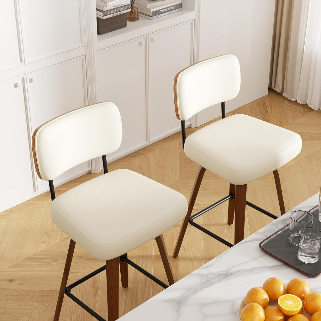 Swivel Bar Stools Set of 4, 26" Faux Leather Upholstered Counter Height Barstools with Back & Bentwood Legs, Mid