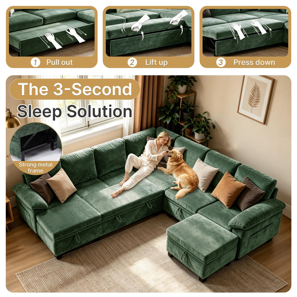 109" Sectional Sleeper U-Shaped Modular Couch Pull-Out Storage Sofa Bed