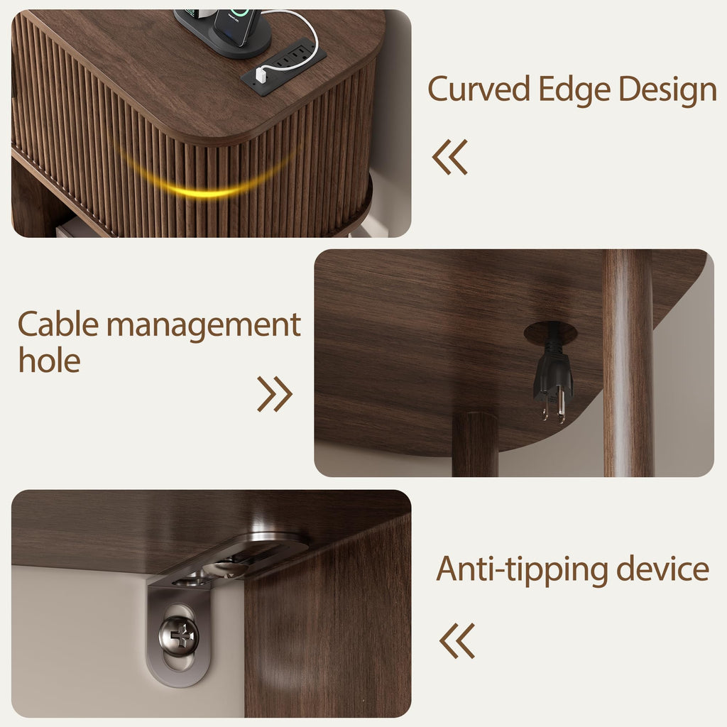 40" Large Record Player Stand with Charging Station, Mid Century Modern Turntable Cabinet with Sliding Doors, Wood