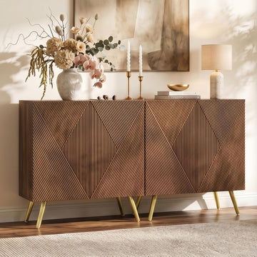 61" Buffet Cabinet with Storage, Fluted Credenza Sideboard with 4 Doors & Adjustable Shelves, Large Coffee Bar