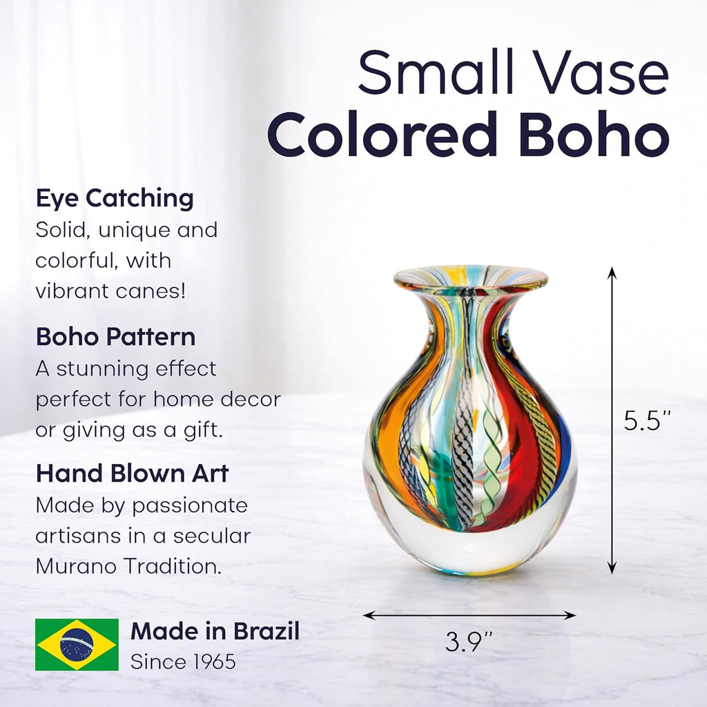 Murano Style Glass Vase Hand Blown Colored Canes Boho Effect Home Decor | Hand Blown Glass Vase, Decorative Table