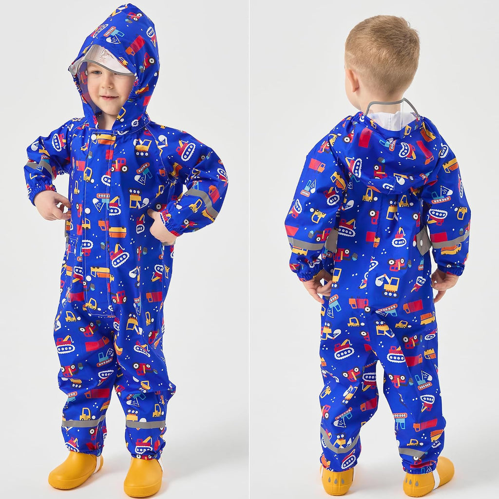 Kids Rain Suit, Toddler Raincoats One Piece Hoodie Cartoon Rain Gear Waterproof Rainwear Coveralls for Boys and Girls