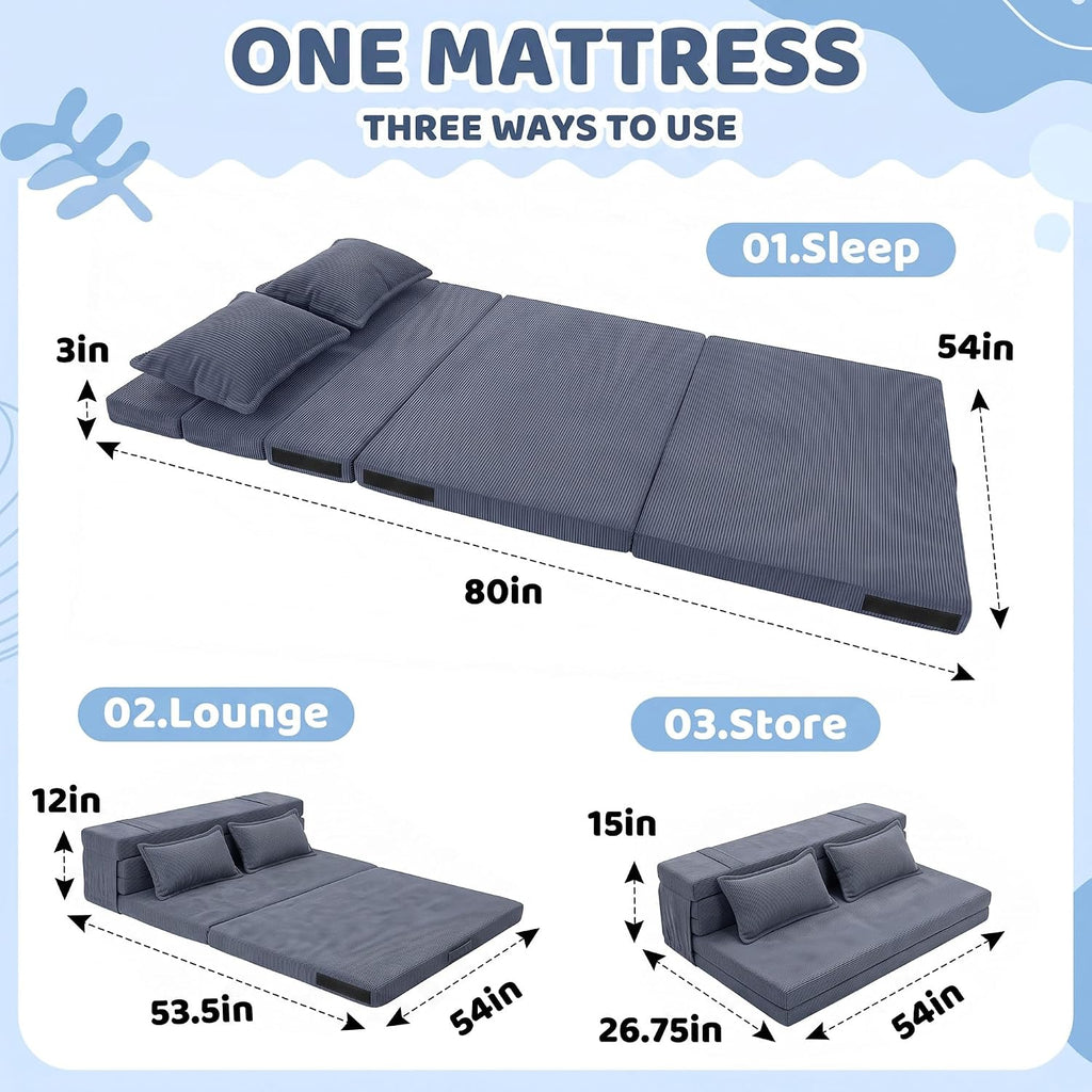 Tri-Fold Futon Mattress, Foldable Japanese Floor Sleep Mattress, High-Density Foam Tatami Bed Mat with Corduroy
