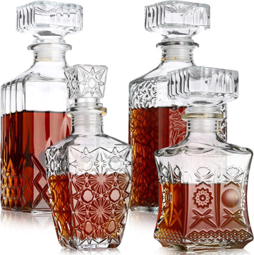 Whiskey Decanter for Men Liquor Decanters Glass Alcohol Bottle with Glass Stopper for Vodka Tequila Brandy - Set of 4