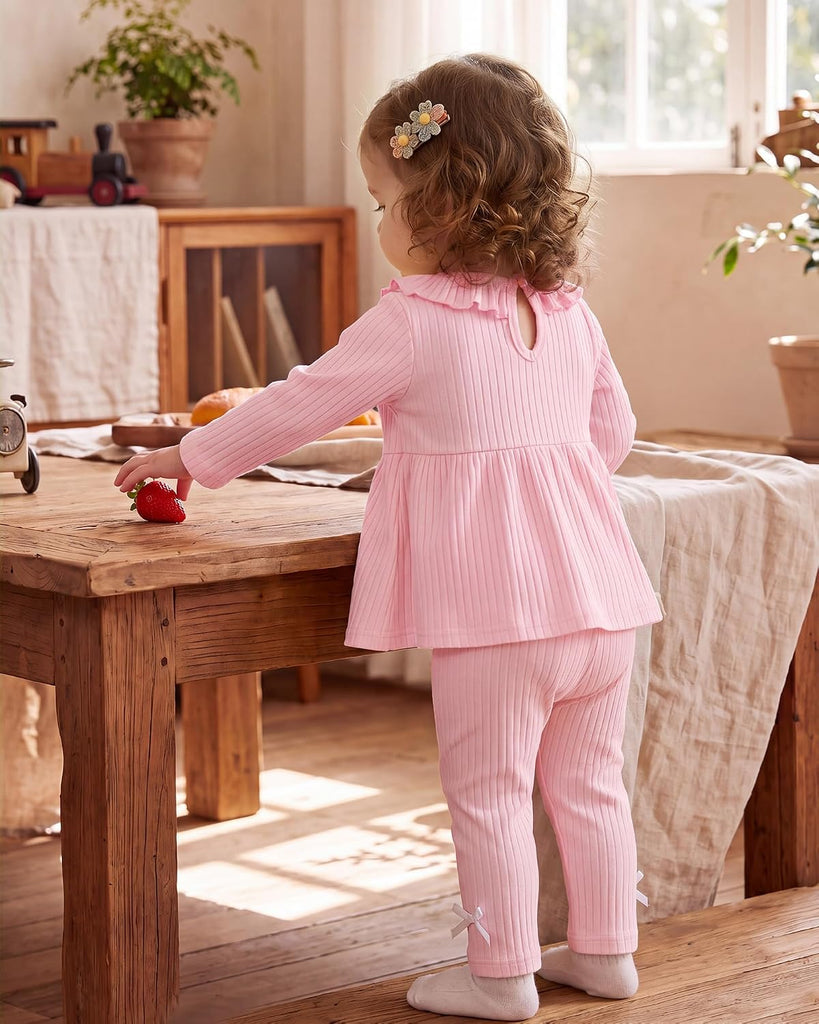 2 Piece Baby Girl Clothes Set Infant Ribbed Ruffle Top Bow Pants