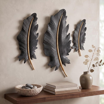 3-Piece 3D Metal Feather Wall Decor Set, Black & Gold