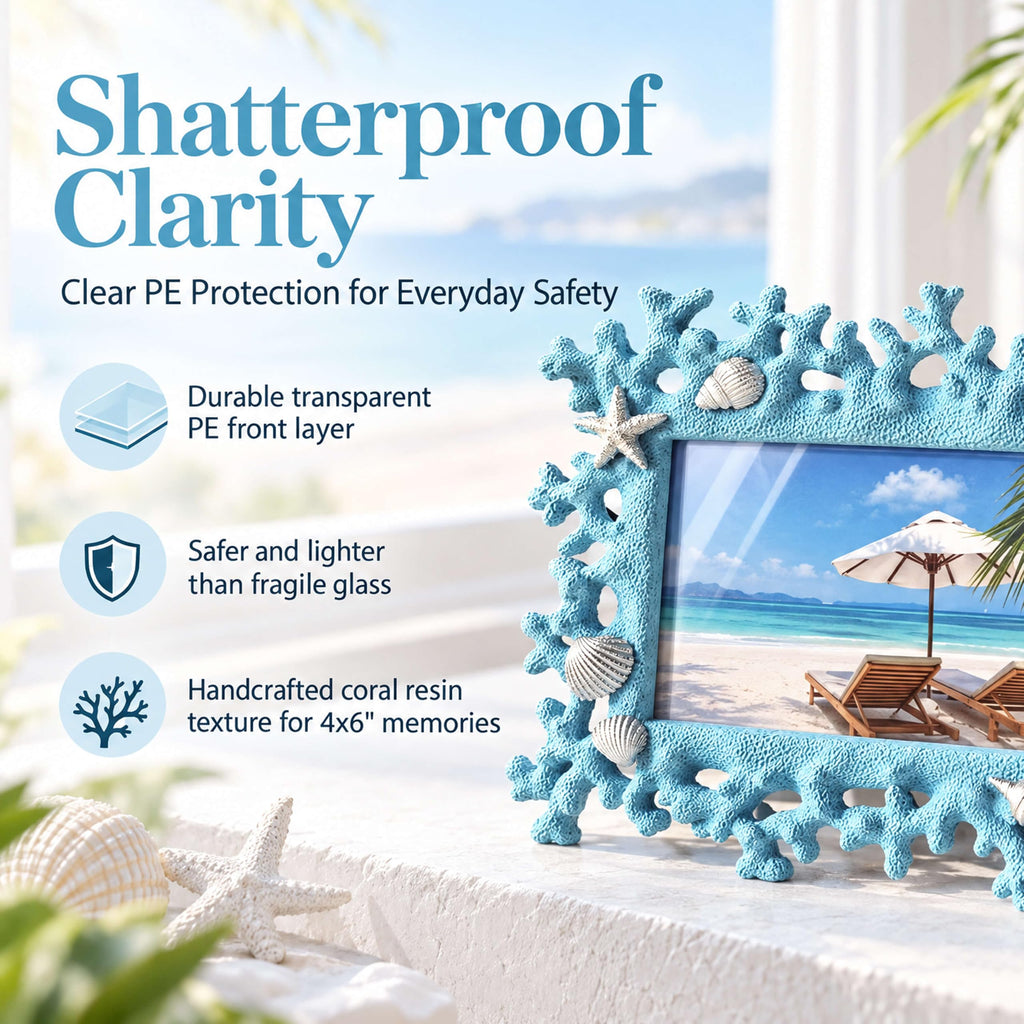 Blue 4x6 Shell Picture Frame, Resin Coral Beach Decor