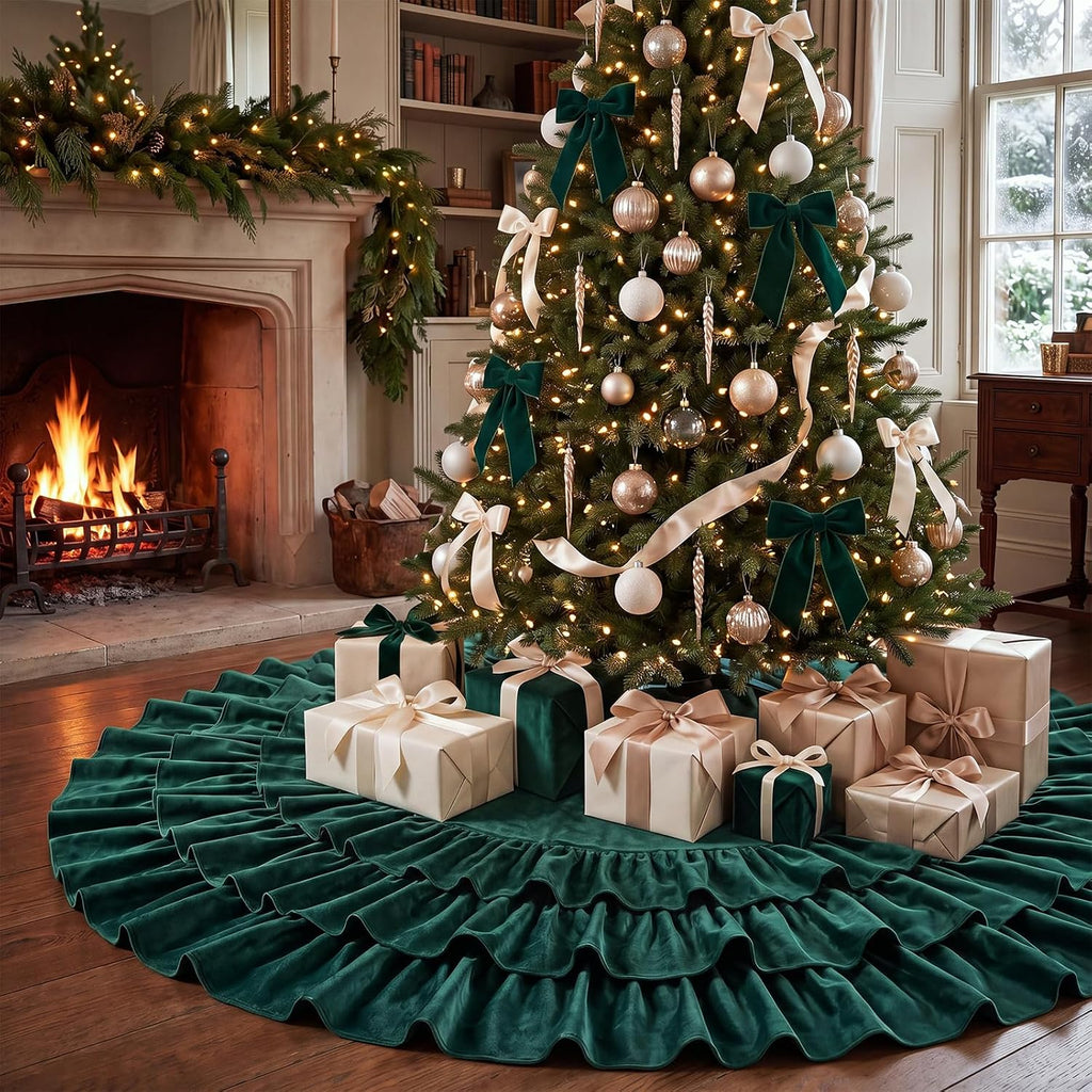 48 Inch Green Velvet Christmas Tree Skirts Ruffled Tree Skirt