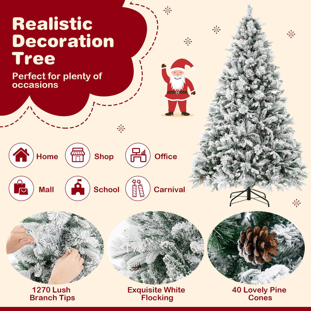 Pre-Lit Snow Flocked Christmas Tree 7 FT, Hinged Artificial Xmas Tree with 320 Multi-Color LED Lights, 8 Lighting