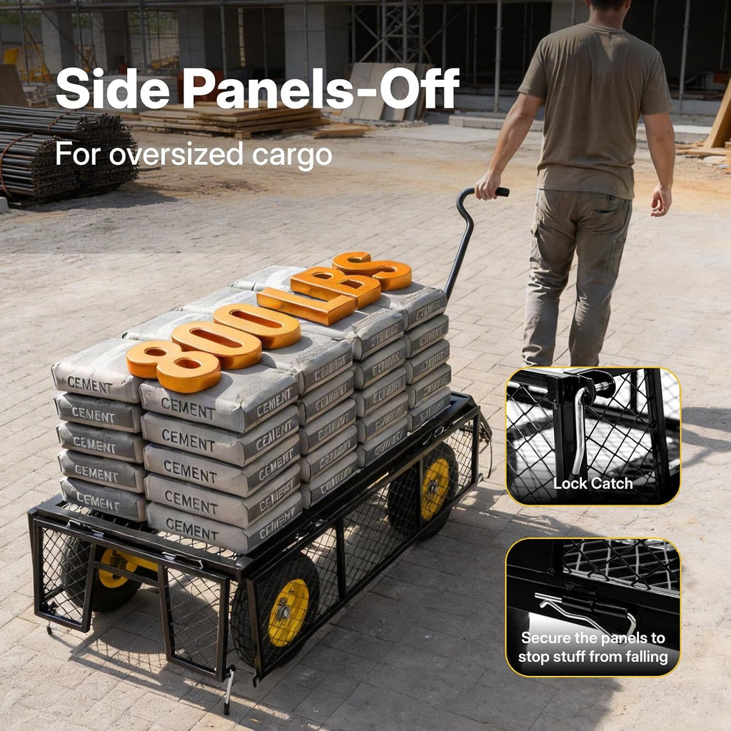 Heavy Duty 800 LBS Steel Garden Cart Wagon, Pullable Wheeled Metal Yard Utility Cart with Yellow Towing Handle