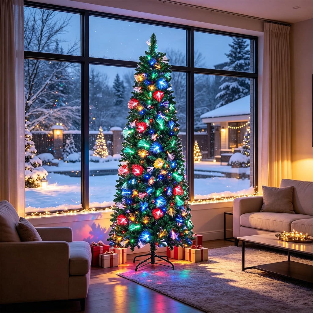 Pre-Lit Pencil Christmas Tree with Fiber Optic, 300LED Lights