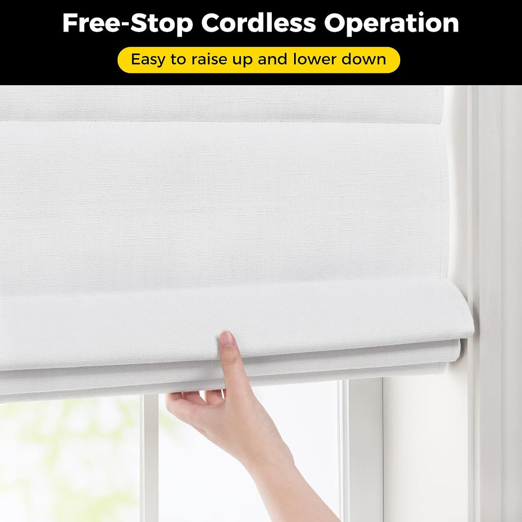 No Drill Cordless Roman Shades for Windows, 34" W × 64" H - 100% Blackout - Linen - Mist White