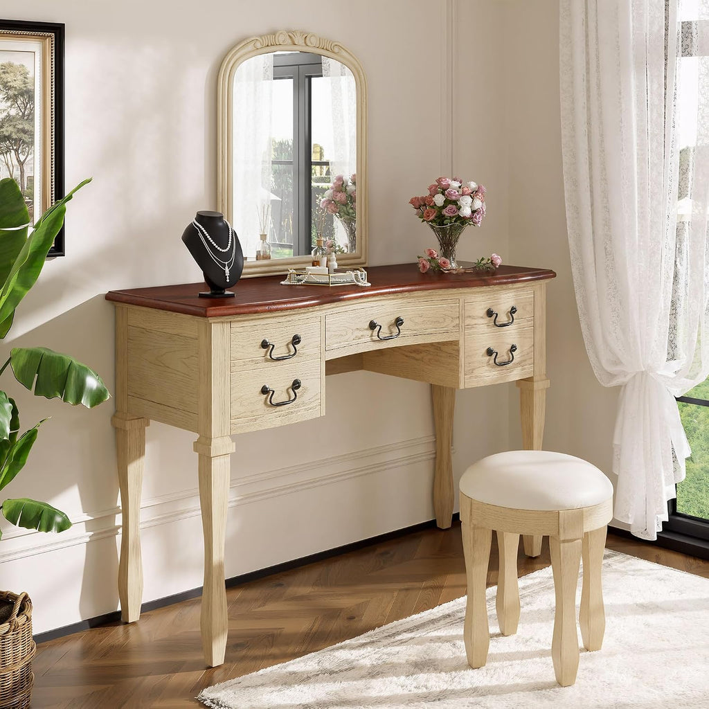 46" Vintage Vanity Desk with Curved Flower Frame Mirror, Wood Dressing Table with Storage, 5 Drawers, Makeup Vanity