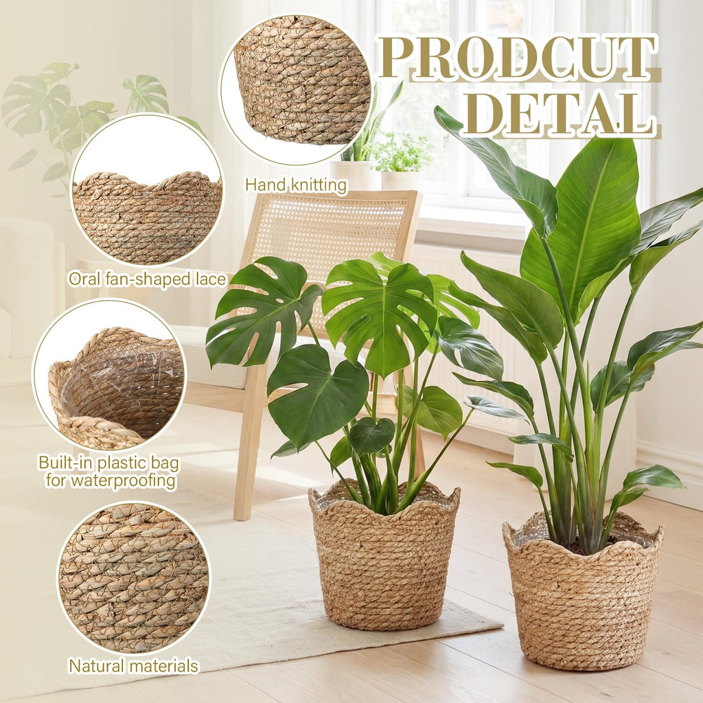 4 Pcs Large Seagrass Planter Basket with Plastic Lining Wicker Planter Basket Weaved Baskets for Plants Laundry