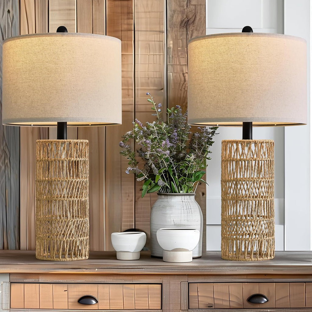 22.5" Boho Table Lamps Set of 2, Bedside Lamp for Nightstands, Rattan Lamp, Farmhouse Table Lamp for Room Decor