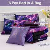 A Nice Night Galaxy 6pcs Bed in a Bag Purple and Blue Dreamy 3D Butterfly Printed