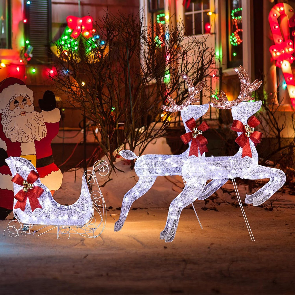 Christmas Decorations: Lighted Reindeer & Sleigh Outdoor Display, Multicolor, 270 LED Lights, Weatherproof, Easy