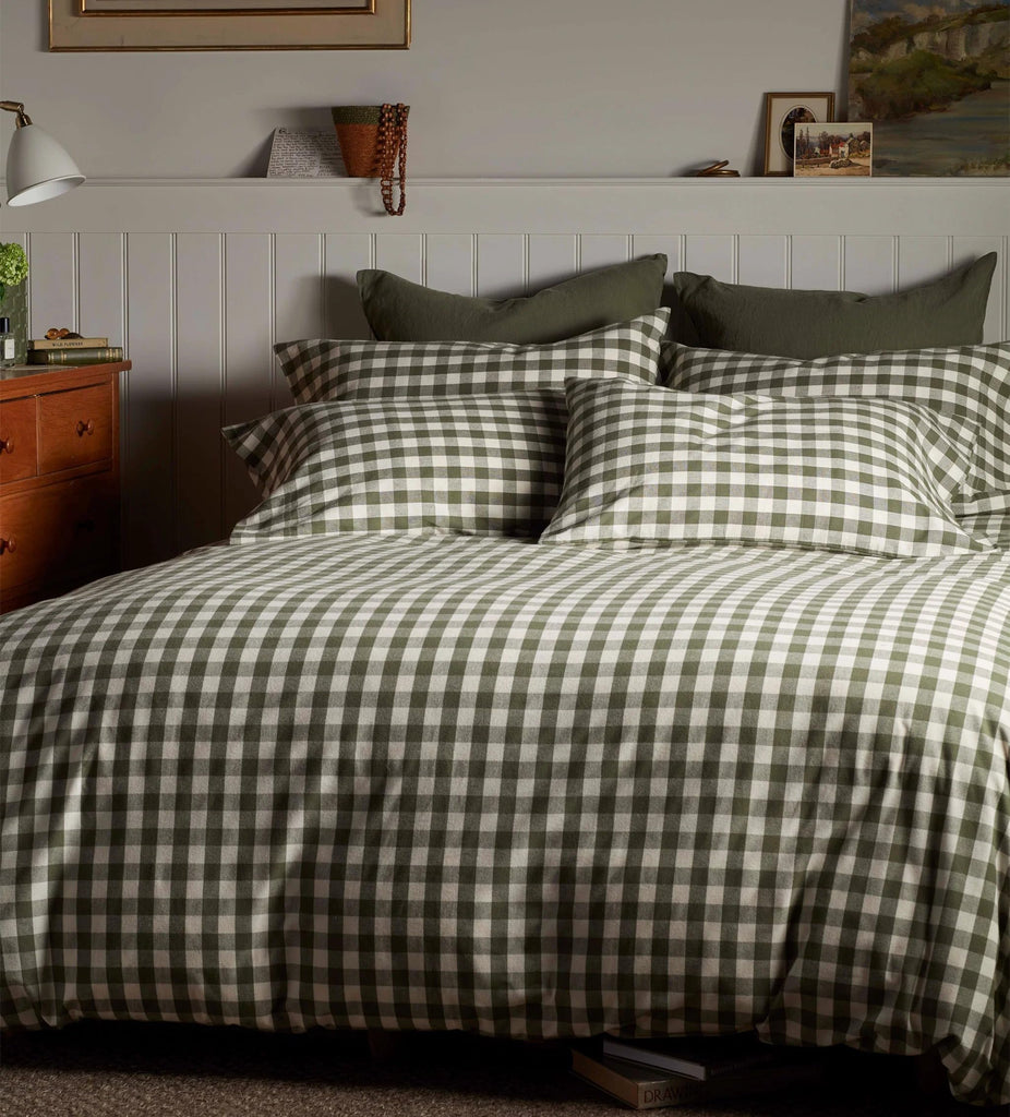 Gingham Comforter Set 3 Pieces Olive Green Printed