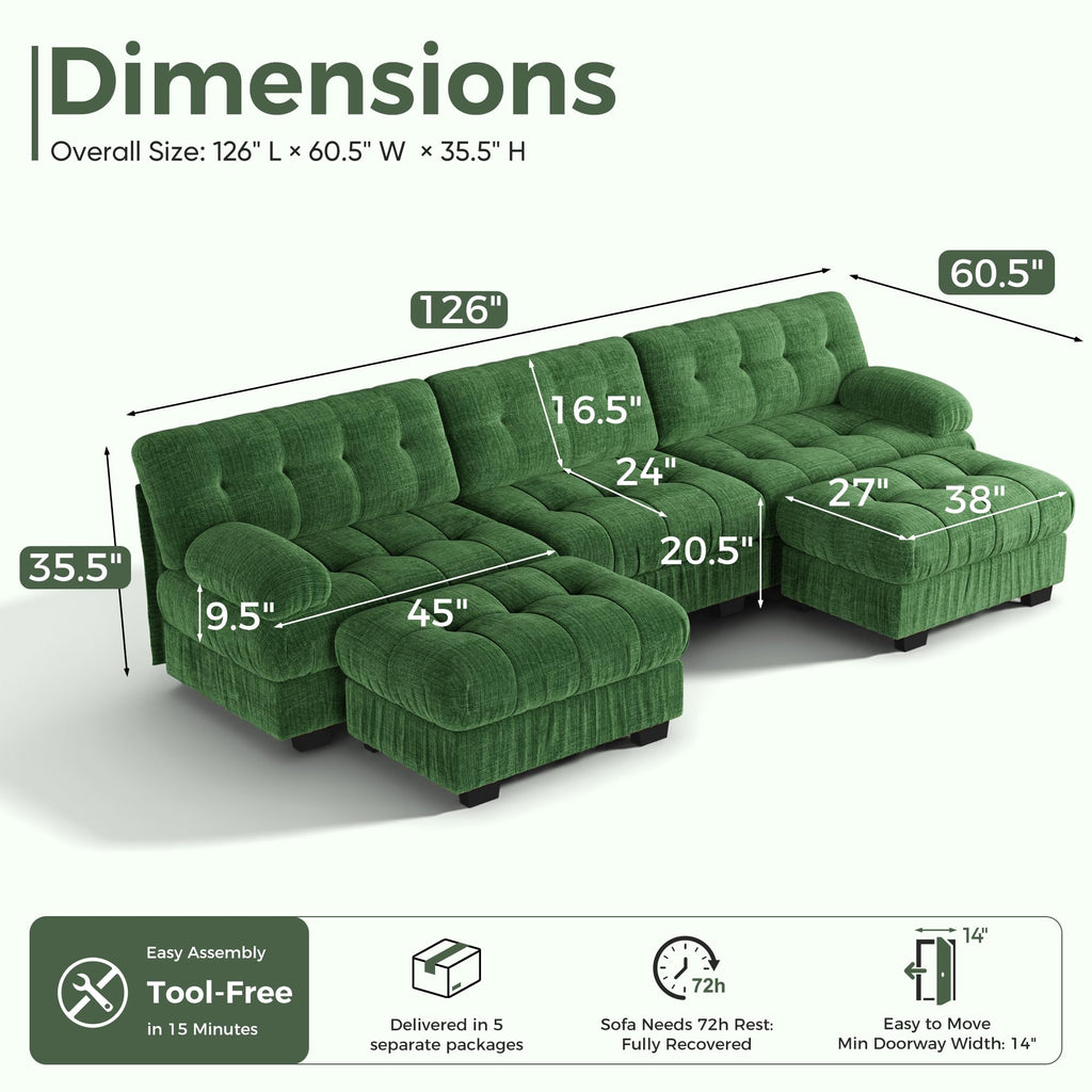 126" Extra Wide Modular Sectional Sofa, Comfy U-Shaped Cloud Couch w/ 2 Movable Ottoman, 5-Seater Chenille Deep Seat
