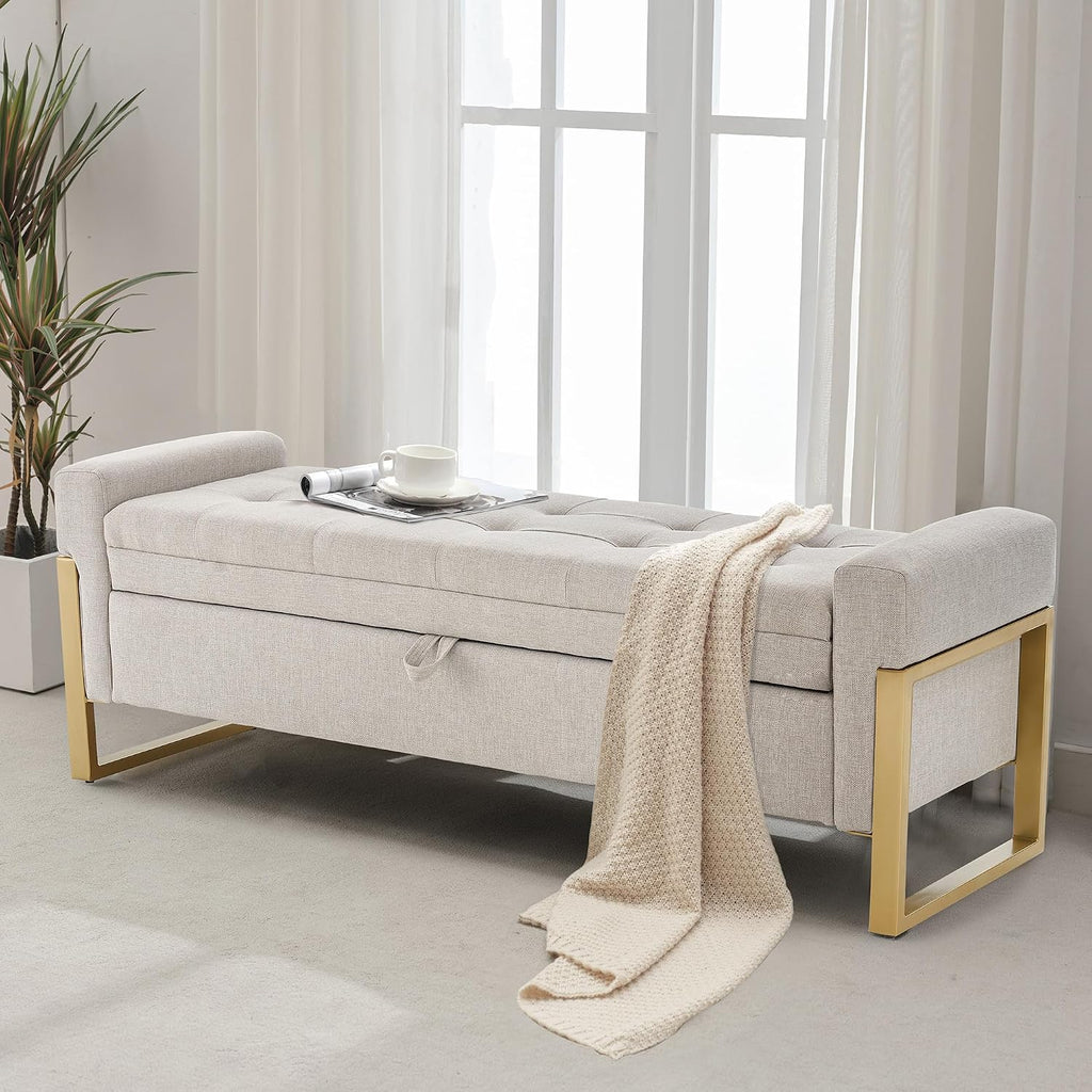 57" Storage Ottoman Bench, Upholstered End of Bed Bench, Beige | Metal Legs & Button-Tufted, Linen Ottoman with