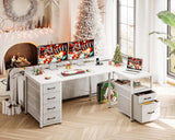 L Shaped Computer Desk with 6 Drawers & Power Outlet, 55 Inch Corner Desk with Reversible Storage Shelf & File Drawer