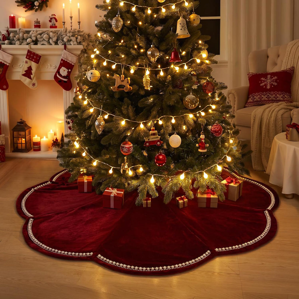 60 Inch Red Velvet Christmas Tree Skirt with Scalloped Edge & Pearl Trim