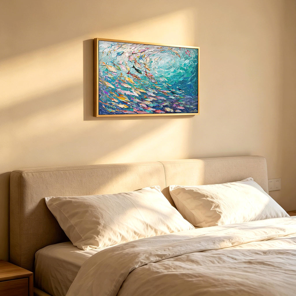 Abstract Ocean Wall Art, Large Framed Textured Print Painting