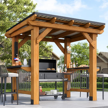 8' x 5' Cedar Wood Grill Gazebo, Hardtop BBQ Gazebo with Weather-Resistant Power Strip and Bar Tops