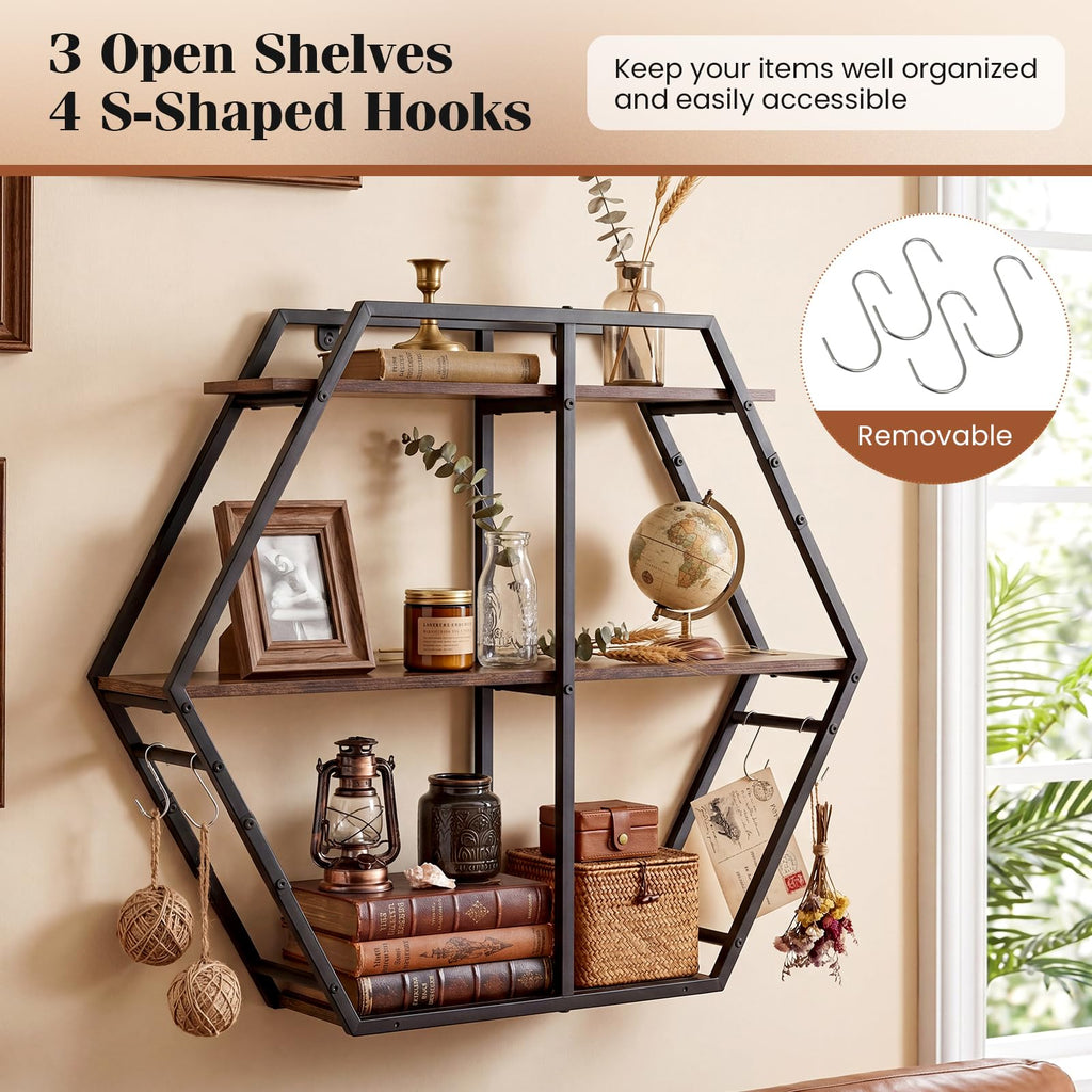 Hexagon Wall Shelf, 3-Tier Geometric Bookcase with 4 S-Shaped Hooks & Heavy Duty Metal Frame, Wall Mounted Industrial