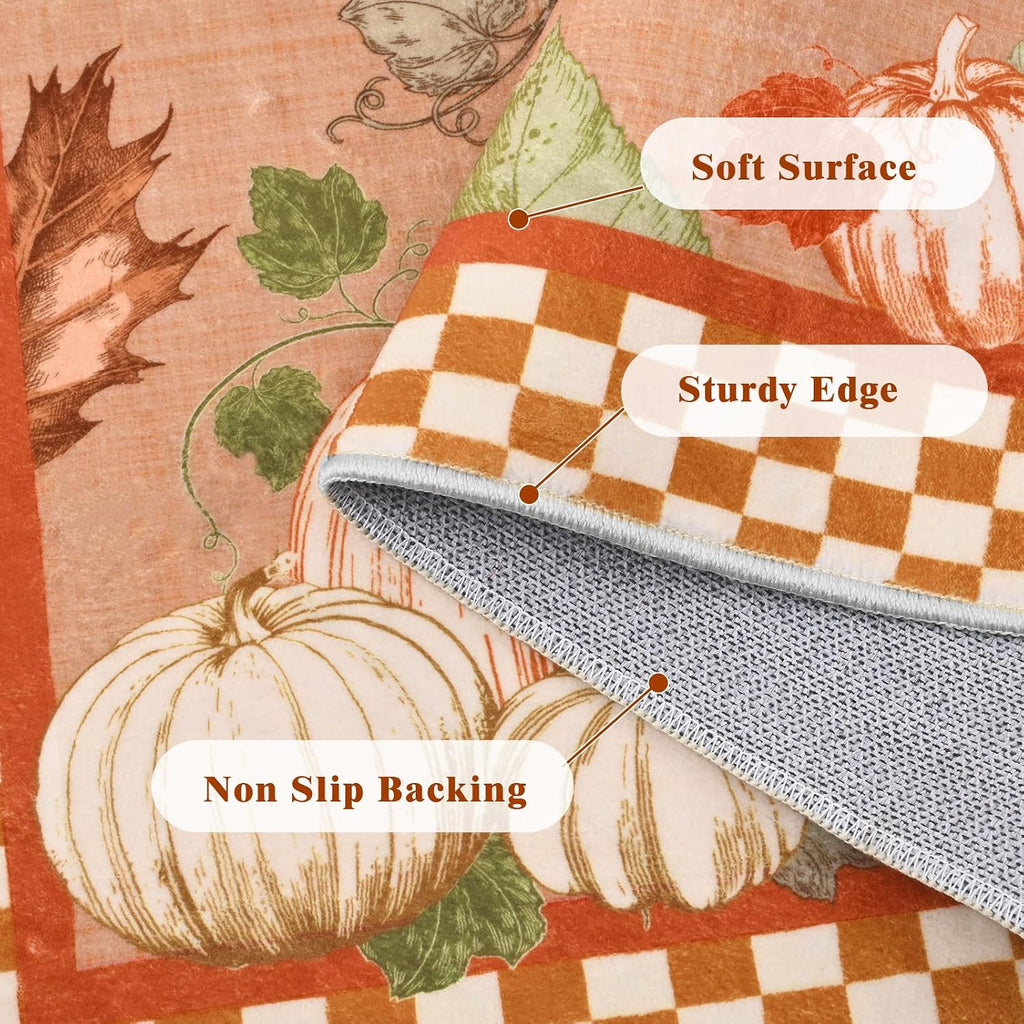 Fall Area Rugs Rug, Thanksgiving-Washable-Rugs-Non Slip Pumpk Rug Low Pile Floor Carpet with Checkered Edge