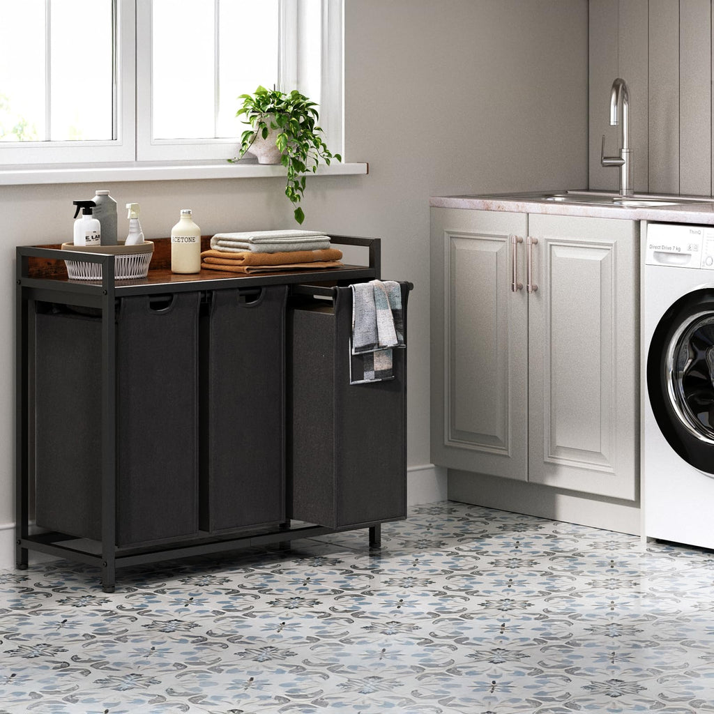 Laundry Hamper with Shelf, Laundry Basket 3 Section, Laundry Sorter with Pull-Out Removable Large Bags and Movable