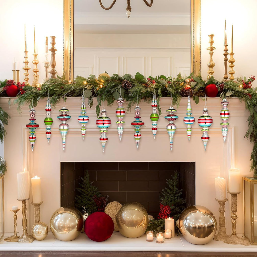 6 Pcs Vintage Glass Finial Christmas Ornaments Classic 6-6.8 Inch