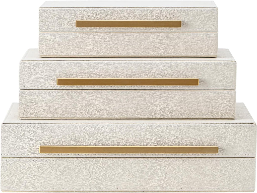 Faux Leather Large Modern Stackable Nesting Jewelry Box with Lids Organizer Beige Shagreen Decorative - Set of 3