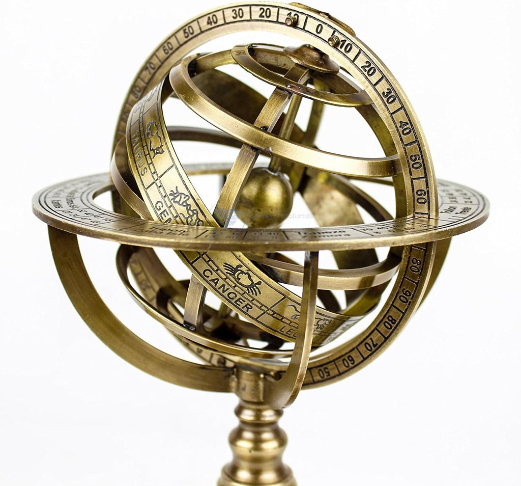Antique Vintage Zodiac Armillary Brass Sphere Globe Wooden Display | Pirate's Antique Ship Decor | (Medium, Antique