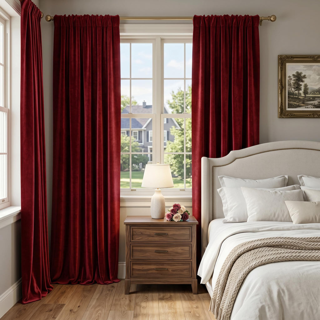 Wine Red Velvet Blackout Curtains Back Tab 52x96, 2 Panels