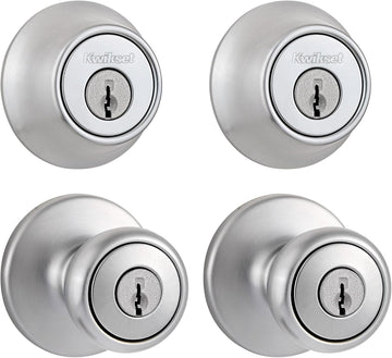 Tylo Front Door Knob and Deadbolt Set, Entry Knob Combo Project Pack Exterior with Interior Door Knob, Satin Chrome