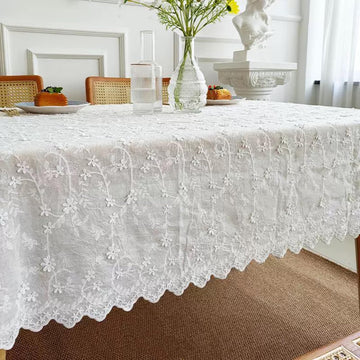 Beige Floral Embroidered Lace Tablecloth, Elegant Scalloped Edge Design, Vintage Farmhouse Style, Pi