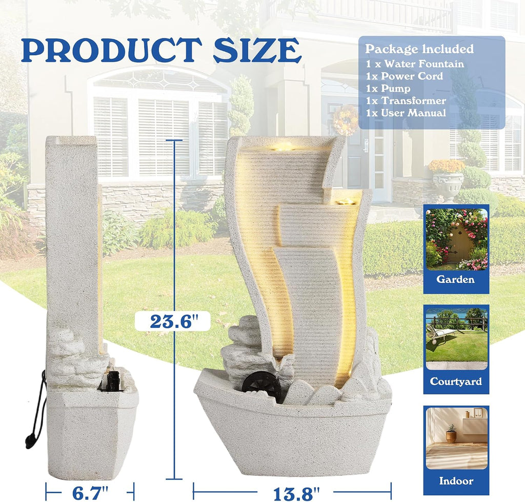 Garden Water Fountain Outdoor, Waterfalls Fountains with LED Light | Cascading Rock Freestanding Water Feature Indoor