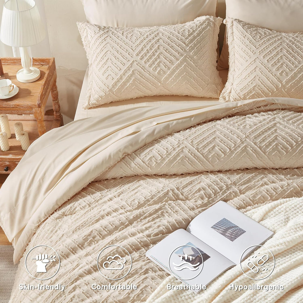 Queen Comforter Set 7 Pieces, Beige Bed in a Bag Queen, Tufted Boho Bedding Set with 1 Comforter, 2 Pillow Shams