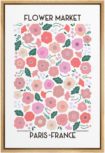 Framed Canvas Print Wall Paris France Pink, Red & Green Flower Market Floral Nature Illustrations Modern Chic