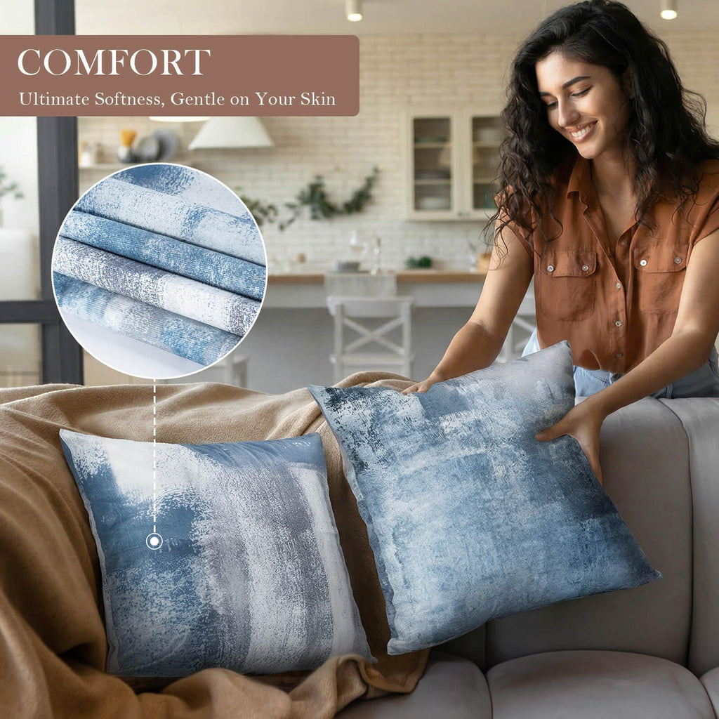 Set of 4 Blue and Grey Abstract Art Artwork Pillow Cover 16 x 16 Inch, Gallery Modern Decorative Throw Pillows