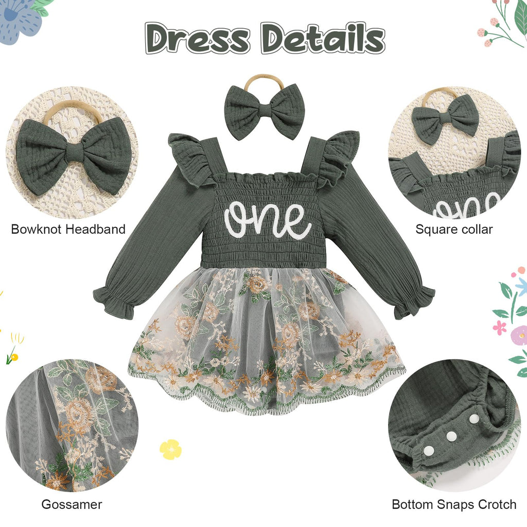 Baby Girl 1st Birthday Clothes One Year Old Tulle Romper Long Sleeve Bodysuit Cake Smash Outfits(dark