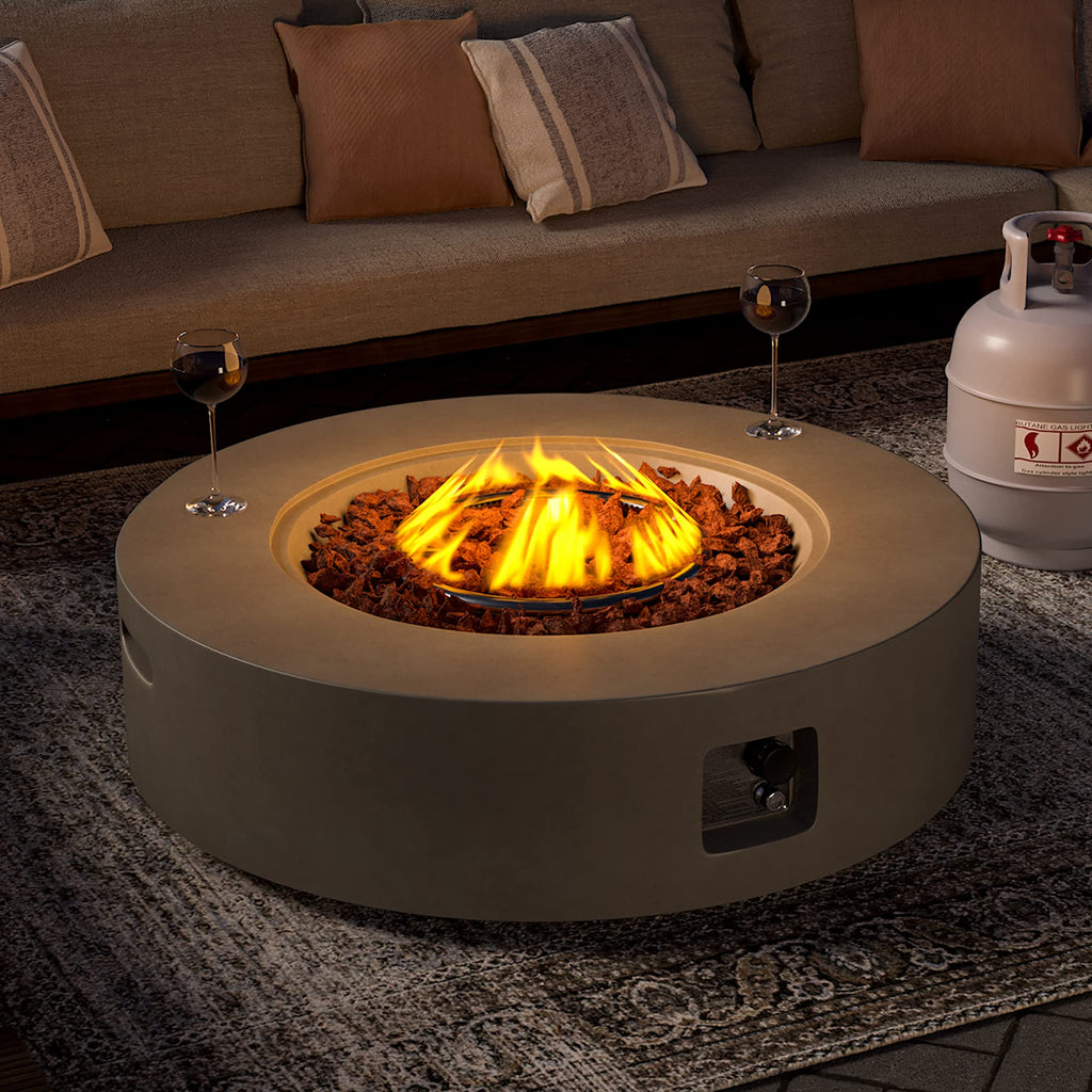 Outdoor 42" Fire Pit Table, 50000 BTU Gray Patio Fire Table, Concrete Round Gas Fire Table w Lava Rocks